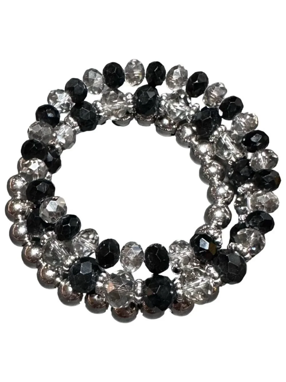 Wrap Bangle Bracelet Black White Silver Tone Beaded Lightweight Womens Jewelry